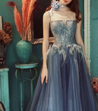 Ndyad Blue A line lace tulle long prom dress, gray formal evening dress HZ1024