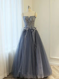 Ndyad Blue A line lace tulle long prom dress, gray formal evening dress HZ1024