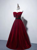 Evafashion A line burgundy long prom dress, velvet bridesmaid dresses HZ1024