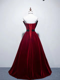 Evafashion A line burgundy long prom dress, velvet bridesmaid dresses HZ1024