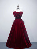 Evafashion A line burgundy long prom dress, velvet bridesmaid dresses HZ1024