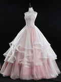 Evafashion A Line Tulle Lace Long Prom Dress, Pink Sweet 16 Dress HZ1024