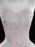 Evafashion A Line Tulle Lace Long Prom Dress, Pink Sweet 16 Dress HZ1024