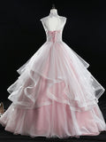 Evafashion A Line Tulle Lace Long Prom Dress, Pink Sweet 16 Dress HZ1024