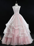 Evafashion A Line Tulle Lace Long Prom Dress, Pink Sweet 16 Dress HZ1024