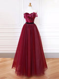 Ndyad Sweetheart Neck Tulle Burgundy Long Prom Dress, Burgundy Long Formal Dress HZ1024
