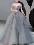 Ndyad sweetheart neck tulle long prom dress, gray evening dress HZ1024