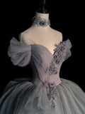 Ndyad sweetheart neck tulle long prom dress, gray evening dress HZ1024