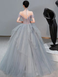 Ndyad sweetheart neck tulle long prom dress, gray evening dress HZ1024