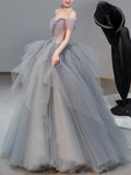 Ndyad sweetheart neck tulle long prom dress, gray evening dress HZ1024