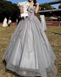 Ndyad sweetheart neck tulle long prom dress, gray evening dress HZ1024