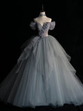 Ndyad sweetheart neck tulle long prom dress, gray evening dress HZ1024