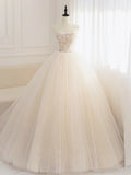 Ndyad tulle sequin beads long prom dress, champagne evening dress HZ1024