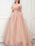 Ndyad pink sweetheart neck tulle long prom dress, pink tulle formal dress HZ1024