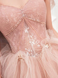 Ndyad pink sweetheart neck tulle long prom dress, pink tulle formal dress HZ1024