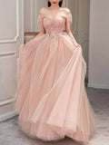 Ndyad pink sweetheart neck tulle long prom dress, pink tulle formal dress HZ1024