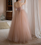 Ndyad pink sweetheart neck tulle long prom dress, pink tulle formal dress HZ1024
