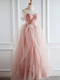 Ndyad pink sweetheart neck tulle long prom dress, pink tulle formal dress HZ1024