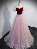 Ndyad pink A line velvet tulle long prom dress, pink evening dress HZ1024