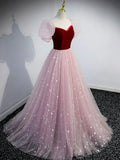 Ndyad pink A line velvet tulle long prom dress, pink evening dress HZ1024