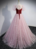 Ndyad pink A line velvet tulle long prom dress, pink evening dress HZ1024