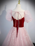 Ndyad pink A line velvet tulle long prom dress, pink evening dress HZ1024