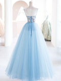 Ndyad Blue tulle beads long prom dress, blue tulle long evening dress HZ1024