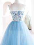 Ndyad Blue tulle beads long prom dress, blue tulle long evening dress HZ1024
