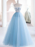 Ndyad Blue tulle beads long prom dress, blue tulle long evening dress HZ1024