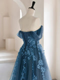 Ndyad Green A-Line Off Shoulder Tulle Lace Long Prom Dress, Green Tulle Formal Dress HZ1024
