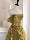Ndyad Green A-Line Off Shoulder Tulle Lace Long Prom Dress, Green Tulle Formal Dress HZ1024