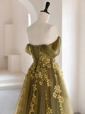 Ndyad Green A-Line Off Shoulder Tulle Lace Long Prom Dress, Green Tulle Formal Dress HZ1024