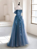 Ndyad Green A-Line Off Shoulder Tulle Lace Long Prom Dress, Green Tulle Formal Dress HZ1024