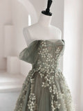 Ndyad Green A-Line Off Shoulder Tulle Lace Long Prom Dress, Green Tulle Formal Dress HZ1024