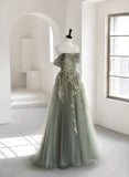Ndyad Green A-Line Off Shoulder Tulle Lace Long Prom Dress, Green Tulle Formal Dress HZ1024