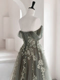 Ndyad Green A-Line Off Shoulder Tulle Lace Long Prom Dress, Green Tulle Formal Dress HZ1024