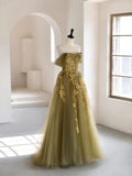 Ndyad Green A-Line Off Shoulder Tulle Lace Long Prom Dress, Green Tulle Formal Dress HZ1024