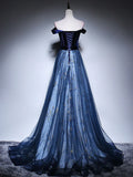 Ndyad Blue Tulle Velvet Long Prom Dress, Blue Evening Dress HZ1024