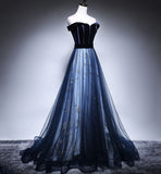Ndyad Blue Tulle Velvet Long Prom Dress, Blue Evening Dress HZ1024