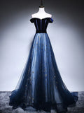 Ndyad Blue Tulle Velvet Long Prom Dress, Blue Evening Dress HZ1024