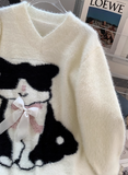 Ndyad Cat Loose V-Neck Long Sleeve Sweater HZ1024