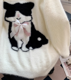 Ndyad Cat Loose V-Neck Long Sleeve Sweater HZ1024