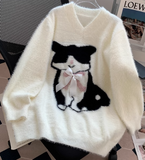 Ndyad Cat Loose V-Neck Long Sleeve Sweater HZ1024