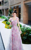 Ndyad A-line Tulle Sequined Long Prom Dress,Purple Evening Dress HZ1024