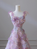 Ndyad A-line Tulle Sequined Long Prom Dress,Purple Evening Dress HZ1024