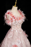 Ndyad A-line square neck tulle beaded formal long dress, pink birthday dress HZ1024