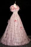 Ndyad A-line square neck tulle beaded formal long dress, pink birthday dress HZ1024
