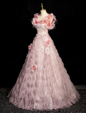 Ndyad A-line square neck tulle beaded formal long dress, pink birthday dress HZ1024