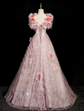 Ndyad A-line square neck tulle beaded formal long dress, pink birthday dress HZ1024