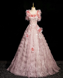 Ndyad A-line square neck tulle beaded formal long dress, pink birthday dress HZ1024